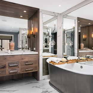 Inspiration for a large timeless master white tile and porcelain tile double-sink, porcelain tile, white floor, coffered ceiling and wainscoting bathroom remodel in Chicago with medium tone wood cabinets, beaded inset cabinets, a bidet, gray walls, an undermount sink, quartz countertops, a hinged shower door, white countertops and a floating vanity