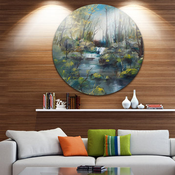 Brook And Rocks Oil Painting, Landscape Painting Round Wall Art, 11"