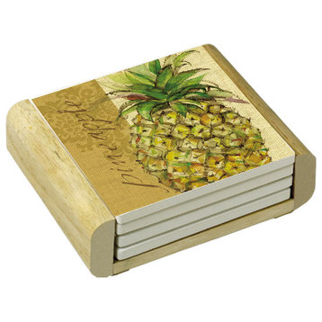 Stone Coasters Wood Holder Tropical Pineapple Set of 4