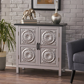 GDF Studio Aliana Shabby Painted Accent Cabinet, Silver/Charcoal Gray