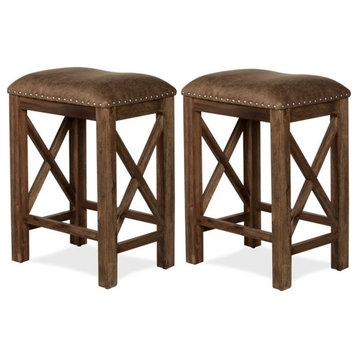 Bowery Hill 26" Transitional Wood/Faux Leather Counter Stool in Brown (Set of 2)