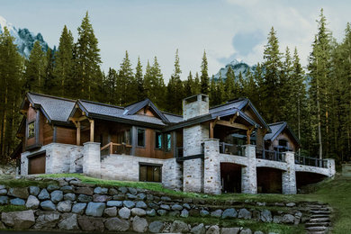 Large rustic brown two-story mixed siding exterior home idea in Denver with a shed roof