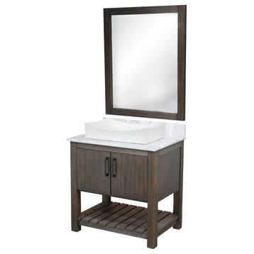 30" Vanity with Carrara White Marble Top, Backsplash, Sink, Drain, and P-Trap, Matte Black, Mirror Included