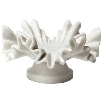 Carved White Marble Ruffle Centerpiece Bowl | Stone Pedestal Scalloped Sculpture