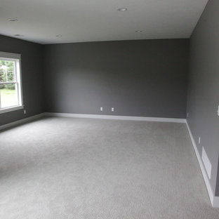 Inspiration for a medium sized traditional open plan home cinema in Grand Rapids with grey walls and carpet.