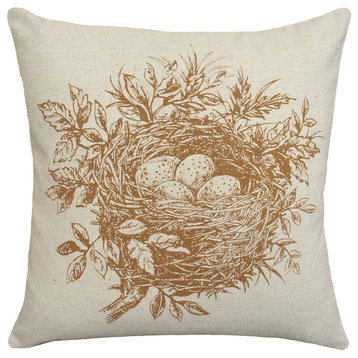 Bird's Nest Printed Linen Pillow With Feather-Down Insert, Caramel
