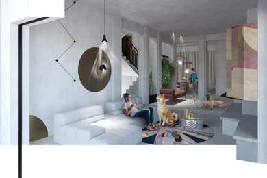 Esempio di un grande soggiorno design con pareti grigie, camino classico e pavimento multicolore