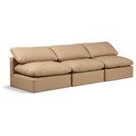Meridian Furniture - Indulge Upholstered Modular Sofa, Tan, 3-Piece: 3 Armless Chair, Fiber Stuffed Vegan Leather - Experience ultimate comfort and style with our tan vegan leather Indulge Sofa. The luxurious vegan leather will elevate the aesthetic of any room. This sofa provides ample space for you to relax while its modular build offers the option of unlimited configurations. Whether you're looking to add a stylish element to your living room or a comfortable seating option to your bedroom, this sofa is the perfect choice.