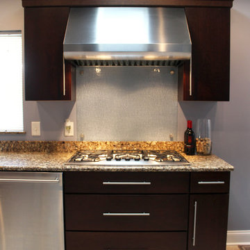 Transitional Cherry Kitchen with Tempered Rain Glass Backsplash