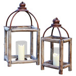Melrose International - Lanterns (Set of 2) 20.5"H, 26"H Wood/Metal/Glass - Open design lantern with a variety of materials. Driftwood shape with metal top. Small hook for hanging. Each lantern comes with glass votive for candle.