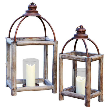 Lanterns (Set of 2) 20.5"H, 26"H Wood/Metal/Glass