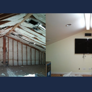 Big attic converted to man cave with 65" TV and 7.1 Surround