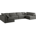 Meridian Furniture - Plush Velvet / Down Standard Comfort 6-Piece U-Shaped Modular Sectional, Grey - No matter how big or little the size of your gang, they can all find their sweet spot when you choose pieces from the Plush collection to build your ideal seating group. Choose this individual Plush piece or pair multiple pieces together to get the custom look everyone will love. The soft grey velvet material is soft and welcoming to the touch, and the set's cushions are overstuffed with a down and feather blend to provide ample support for tired bodies.