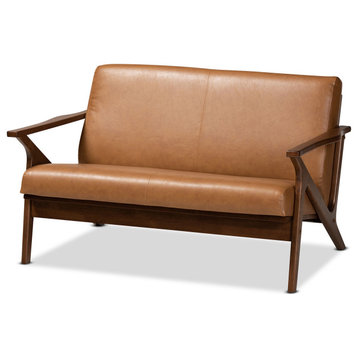 Bianca Mid-Century Brown Finished Wood and Tan Faux Leather Effect Loveseat
