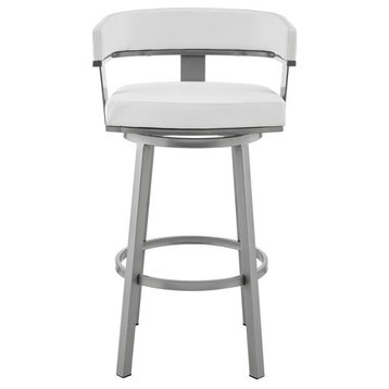 Cohen 30 Bar Height Swivel Bar Stool in Silver Finish with White Faux Leather