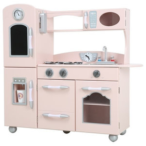 pink wooden kitchen with washing machine