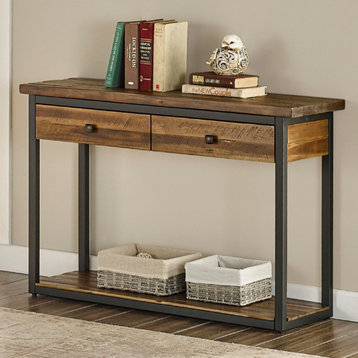 Claremont 43"L Rustic Wood Console Table, Two Drawers and Low Shelf