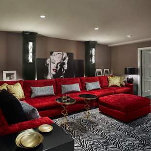 Large transitional enclosed carpeted home theater photo in Philadelphia