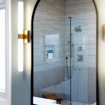 Spa Like Primary Bathroom Remodel with Warm Wood & Brass Details