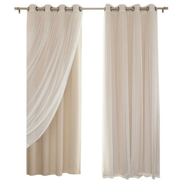 Gathered Tulle Sheer and Blackout 4-Piece Curtain Set, Beige, 84"
