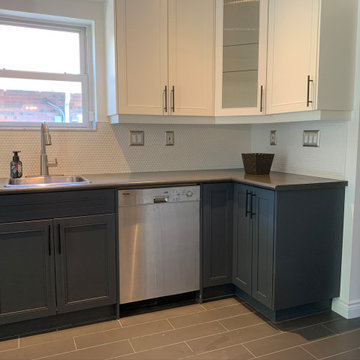 Plank tile Flooring and Penny tile Backsplash