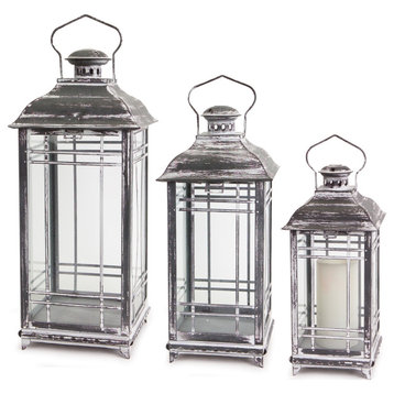 Lantern, 3-Piece Set, 14"H/17"H/20"H Metal/Glass, Gray, White
