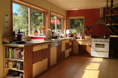 Inspiration for a contemporary kitchen remodel in Portland with a farmhouse sink, flat-panel cabinets and an island