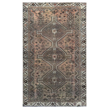 Tan Vintage Persian Shiraz Distressed Look Hand Knotted Wool Rug, 4'8" x 7'7"