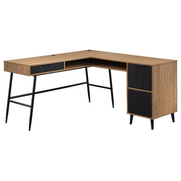 Pemberly Row Contemporary Engineered Wood/Metal L-Desk in Serene Walnut