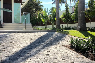 Mid-sized tropical front yard partial sun driveway in Miami with a garden path and concrete pavers.
