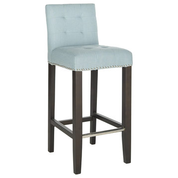 Contemporary Bar Stool, Birch Base With Tufted Seat and Nailhead, Sky Blue/Fabri