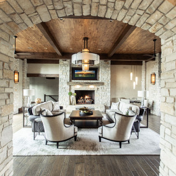 Stone Entry to Great Room with Stone Fireplace