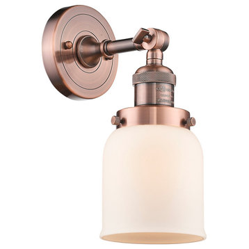 Small Bell 1-Light Sconce, Matte White Cased Glass, Antique Copper