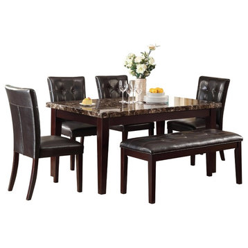 6-Piece Tango Dining Set Faux Marble Top Table, 4 Chair, Bench, Dark Brown