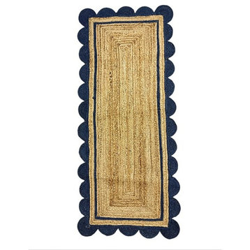Farmhouse Area Rug, Braided Natural Jute & Blue Scalloped Accents, 2' X 16'