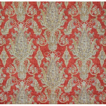 Red orange paisley fabric linen material, Standard Cut