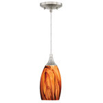 Vaxcel - Milano 4.75" Mini Pendant Smoky Fire Glass Satin Nickel - The Milano collection of mini pendant lights feature softly radiused hand-blown glass that gracefully blends into almost any decor. Because each glass is handcrafted utilizing century-old techniques, no two pieces are identical. The smoky fire colored glass has tones of red, orange, and black and is housed in an satin nickel finish for a contemporary and artistic look. Install this mini pendant individually or in a group; ideal for kitchens, dining areas, or bar areas.