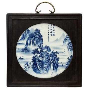 Chinese Wood Frame Porcelain Blue White Scenery Wall Plaque Panel Hws2860