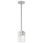 Livex Lighting - Livex Lighting Harding Polished Chrome Light Mini Pendant - The transitional style of the Harding one light mini pendant features an eye-catching clear seeded glass shade floating inside a unique double forged square design in a polished chrome finish.