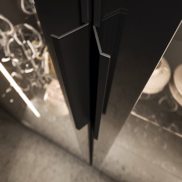 Modern Black Kitchen with Tall Glass-Framed Cabinets and Mixed Textures