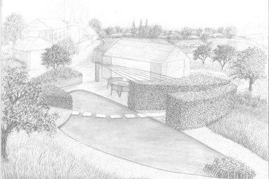 Large rural back formal full sun raised pond for summer in Buckinghamshire with gravel and a wood fence.