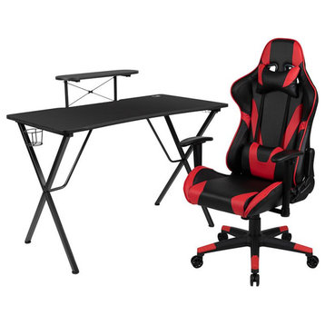 Black Gaming Desk and Red and Black Reclining Gaming Chair Set with Cup Holder