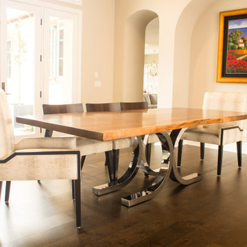FERTITTA WALNUT SLAB TABLE WITH STEEL CHROME DIPPED BASE