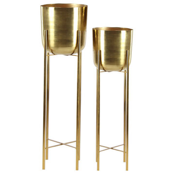 Large Modern Metallic Gold Metal Planters with Stands, Set of 2