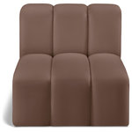 Meridian Furniture - Arc Upholstered Modular Component, Brown, 1-Piece: Straight Chair, Vegan Leather - Unleash modern opulence with the Arc Vegan Leather Straight Chair. Crafted for the modern connoisseur, this chair injects an air of refined luxury into any space. Its sleek silhouette, upholstered in supple brown vegan leather, exudes timeless sophistication while the deep channel tufting adds textural intrigue, further elevating the chair's visual appeal. The modular design makes it a versatile chameleon, effortlessly adapting to your evolving needs and preferences. Whether you envision it gracing a chic living room corner, basking in the glow of a bedroom window, or adding a touch of drama to a home office, the Arc seamlessly complements your unique interior aesthetic.