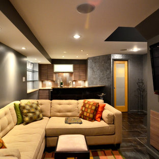 This is an example of a small urban basement in Philadelphia with grey walls, porcelain flooring and no fireplace.