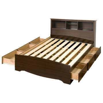 Prepac Manhattan Wooden Queen Bookcase Platform Storage Bed in Espresso