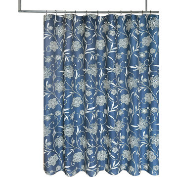 Navy Blue Cream Floral Scroll Fabric Shower Curtain