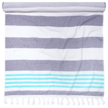 100% Cotton Fouta Beach Towel Meera Stripes, Dusky Blue