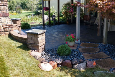 Example of a backyard brick patio design in Omaha with a fireplace